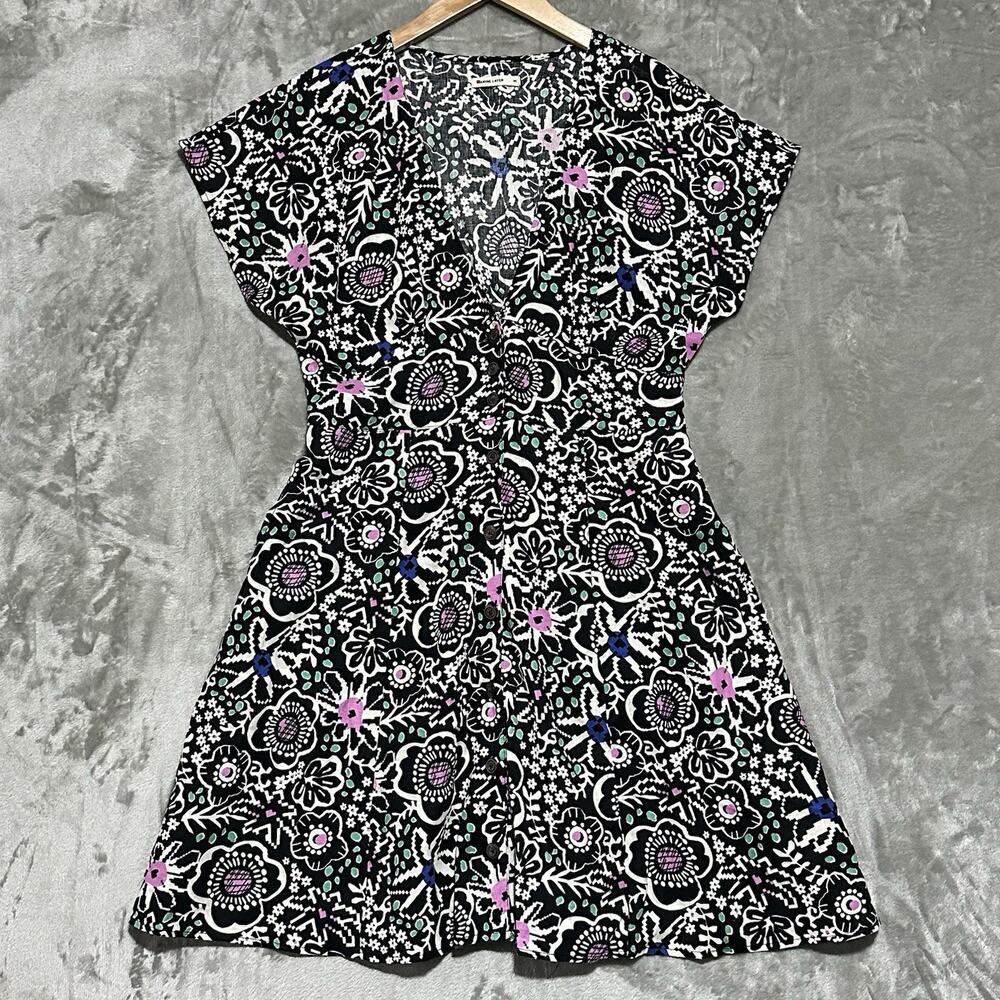 Marine Layer Camila Floral Print Hemp Blend Dress Womens M Black Button Front